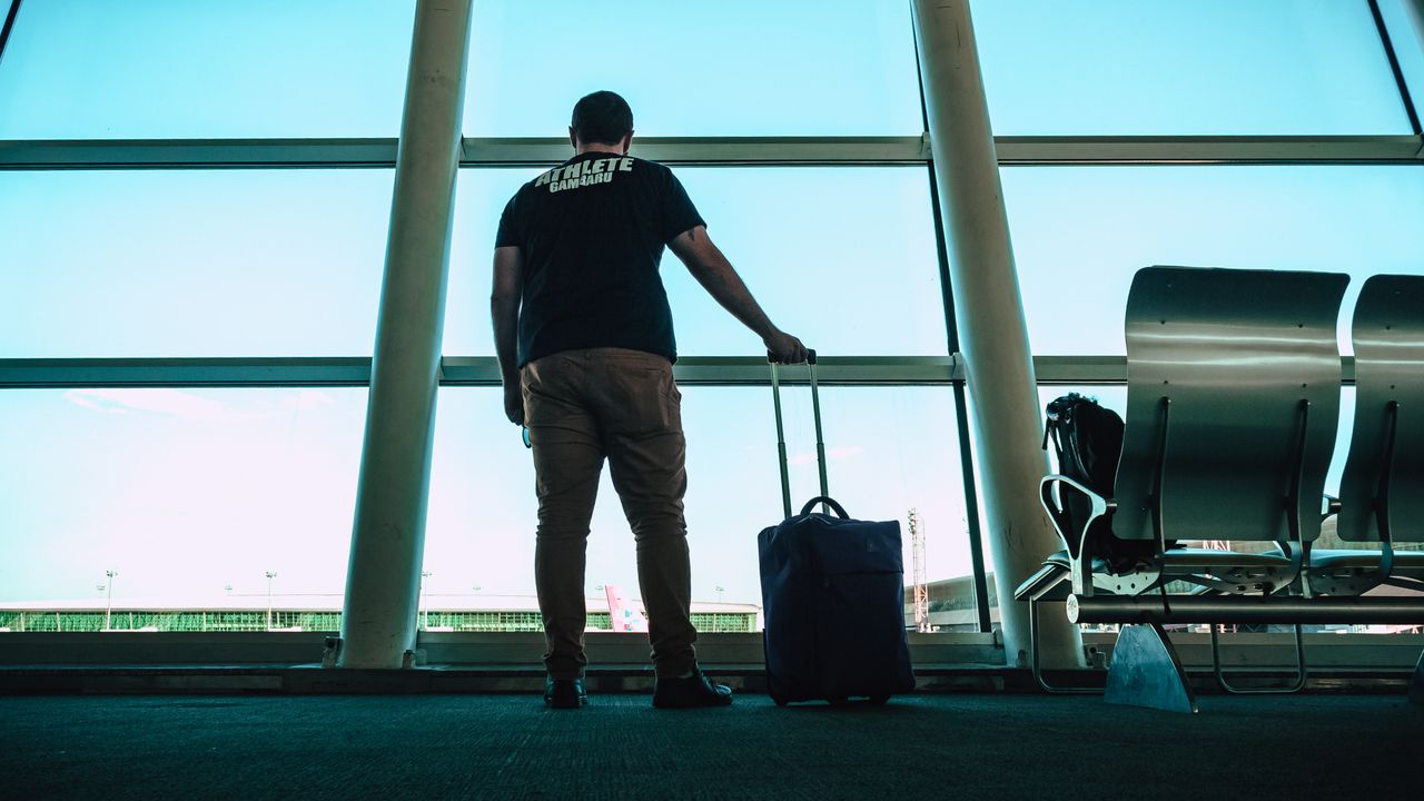 A traveller stands at the terminal window with a rolling cabin bag at their side